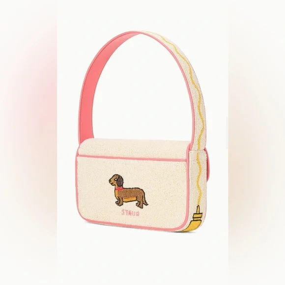NWT STAUD Tommy Beaded Bag Hotdog Weiner Dog Dachshund Doggie Summer Mustard - Picture 3 of 7